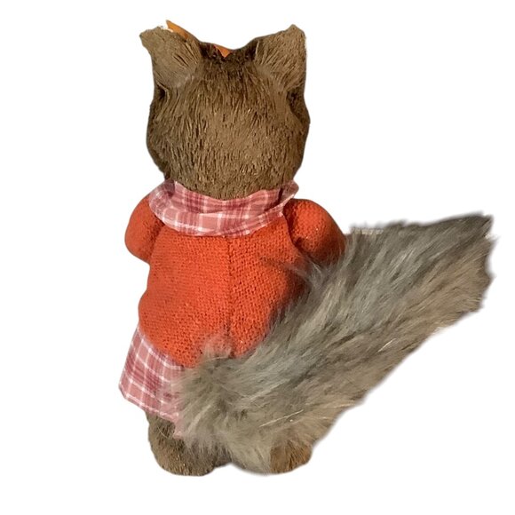Rustic Woodland Fox Figurine Decor Plaid Dress Fall Flowers 9” Faux Fur Tail NEW - Picture 4 of 6